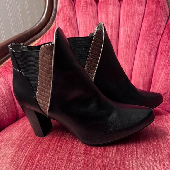 Mark. Black and Brown Ankle Booties Size 8 Vegan Friendly 3" Chunky Heel - Picture 3 of 8
